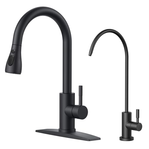 FORIOUS Kitchen Faucet and Water Filter Faucet Combo, Black Stainless Steel Bar Faucet Pull Down Sprayer and Drinking Purifier Faucet for Kitchen Sink RV Farmhouse Camper