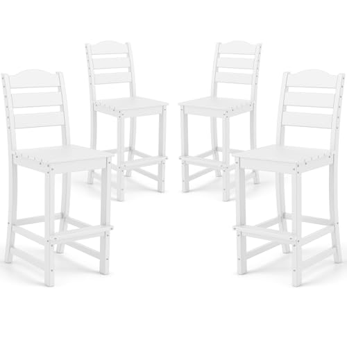 Image of Tangkula Patio HDPE Barstool, Outdoor High Top Bar Chair w /Backrest & Footrest, All-Weather Wood-Plastic Bar Height Chair for Poolside, Backyard, Porch (4, White)