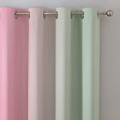 Estelar Textiler Sage and Pink Blackout Curtains 45 Inch Length, Light Blocking Gradient Drapes for Kitchen, Thermal Insulated Grommet Ombre Curtains for Bathroom,52Wx45L,2 Panels
