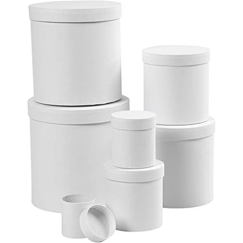 Boîtes rondes, rondes, D : 7+9+12+14,5+17+19,5+22 cm, H : 7,5+10,2+12,7+15,2+17,7+20,2+22,7 cm, blanc, 7 pièces.
