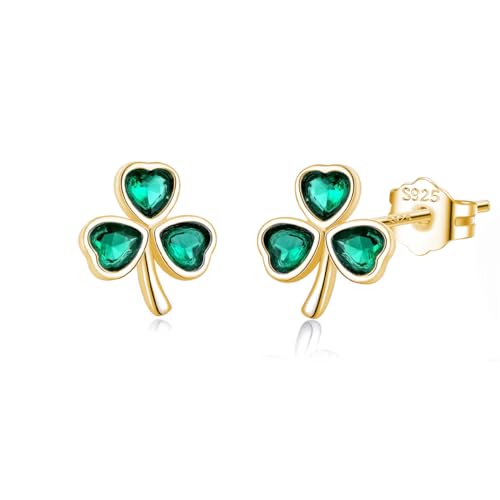 SLUYNZ 925 Sterling Silver CZ Leaf Clover Earrings Stud for Women Teens Shamrock Studs Earrings Love Clover Earrings Green for Spring