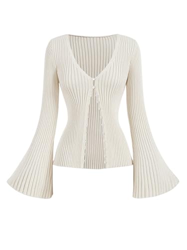MakeMeChic Women's Rib Knitted Button Down Cardigan Bell Sleeve V Neck Sweater Top