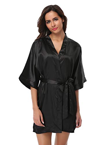 Feelia Women's Short Silky Kimono Robes Lightweight Pure Bathrobe Bridesmaid Wedding Party Sleepwear Black