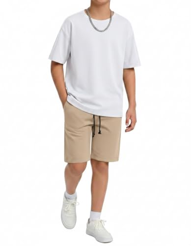 Image of Arshiner Boys Drop Shoulder T-Shirt & Drawstring Waist Shorts Summer Casual Outfits (5-12 Years)