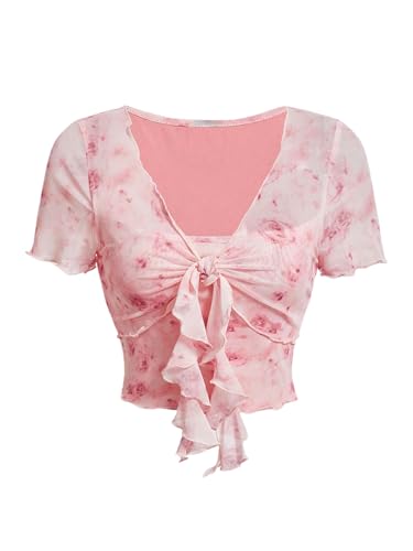 Verdusa Girl's Floral Mesh Sheer Crop Tops Y2k Tie Front Ruched Short Sleeve Tees