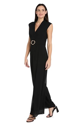 Image of R&M Richards Women's Sleeveless Jumpsuit with Sculpted Buckle Detail & Flowing Overlay for Formal Occasions, Wedding Guest