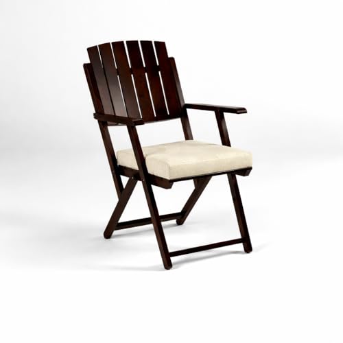 Image of WELL KNOWN Set of 2 Wooden Folding Chairs with Cushion Seat & Armrests | Walnut Finish Solid Wood Patio, Balcony & Garden Chairs | Space Saving Indoor Outdoor Furniture (Cream Cushion)