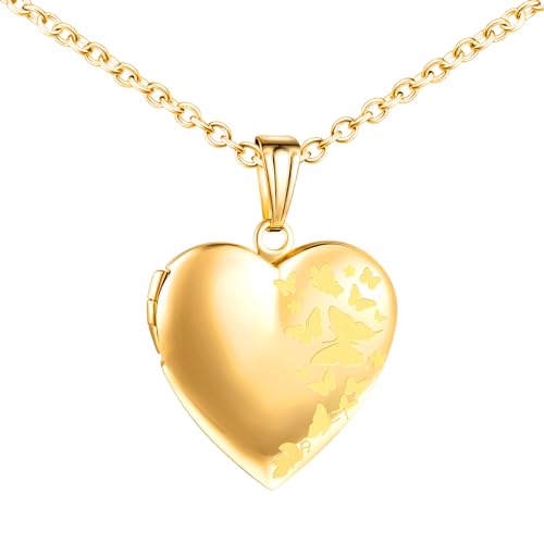 MICMIF Collier Personnalisé Médaillon de Cœur, Acier inoxydable Pendentif Porte Photo Médaillon Papillons pour 2 Photo Pendentif avec Chaîne 50cm Bijoux...