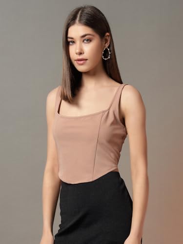 Image of Trend Arrest.ed Women's Stretchable Corset Style Crop Top | Square Neck Sleeveless Zipper Back Body-Hugging Fit | Casual