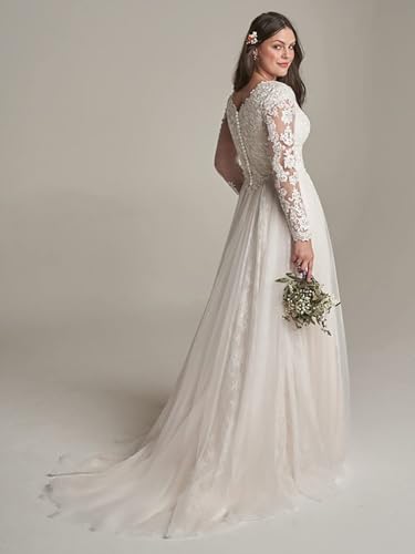 Women's Lace Beach Wedding Dresses for Bride 2025 V Neck Tulle Applique Bridal Gowns with Long Sleeve2