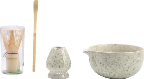 抹茶 セット 4点セット 竹製茶筅 陶器製 抹茶茶碗 茶筅立て 軽量で持ち運びやすく お手入れも簡単 家庭用、オフィス用、ギフト (A)