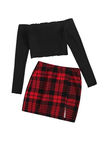 MakeMeChic Women's Casual Two Piece Outfits Ribbed Knit Off Shoulder Crop Top and Plaid Split Skirt Set