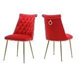 Clihome Velvet Dining Chairs Set of 2，Upholstered High Back Chairs for Bedrooms，Living Room, Dining Room, Kitchen，Modern Metal Chairs with Gold Handle and Gold Legs，Red