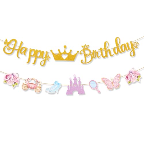 BOXOB Bannière d'Anniversaire Princesse, Bannière Joyeux Anniversaire avec Couronne Château Chaussure en Cristal Calèche Décorations de Fête de Princesse...
