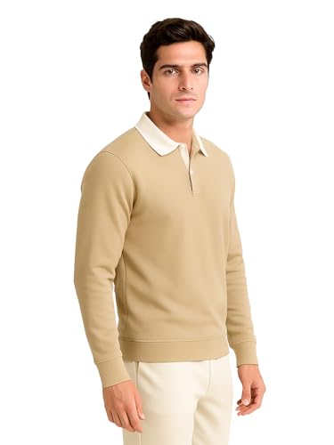 Image of BULLMER Solid Polo Neck Full Sleeve Cotton Blend Tshirt with Rib for Men | Stylish Full Hand Tshirt for Men