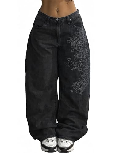 Image of EMMIOL Women Hip Hop 90s Vintage Baggy Jeans Denim Pants Mid Waist Jeans