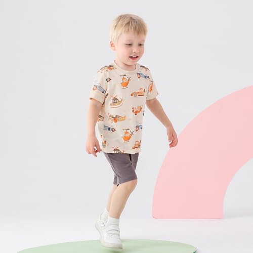 Image of Baby Boys' Summer Clothing Set, 2 Piece Cotton Toddler Boy Outfits 2-6T | Short Sleeve T Shirt and Short, Soft Breathable Infant Boy Clothes, Crewneck, Elastic Waist Shorts, Dinosaur /Car Print