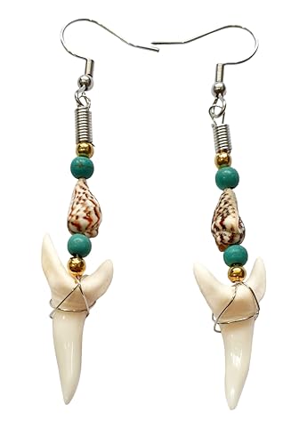Swimmi Genuine Mako Shark Tooth Earrings, Handmade Cone Shells, Turquoise Beads Dangle Shark Tooth Earrings for Women Jewelry DA100-A