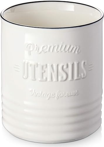 DOWAN Kitchen Utensil Holder, 7.2″ Beige Farmhouse Utensil Organizer for Kitchen Counter, Extra Large Utensil for Countertop, Heavy Ceramic Utensil Crock for Christmas Décor