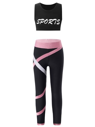 easyforever Kid Girls Crop Tops Racerback Tank Top And Gymnastics Leggings 2 Piece Dance Sports Clothes Set Black&Pink 14 Years