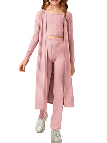 Girls 3 Piece Sweatsuit Outfit Kids Cute Crop Vest Top & High Waist Pants & Cardigan Knitwear Jumpsuit 9-10 Year #TOP1