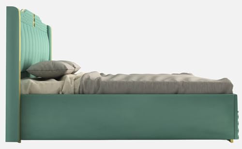 Image of MODESTY WOODS Cozy Upholstered Queen Size Bed with Box Storage for Bedroom | Elegant Wooden Double Bed with Storage | Platform Cot Palang with Upholstery Headboard | 6.5 x 5 Ft | Sheesham Wood, Green