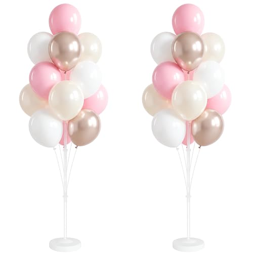 Image of Balloon Column Kit Set of 2 - 26pc Champagne Pink Metallic Balloons with Height Adjustable 20 inch-63 inch Tower Stand, Stable Base for Birthday Wedding Easter Baby&Bridal Shower Party Decorations