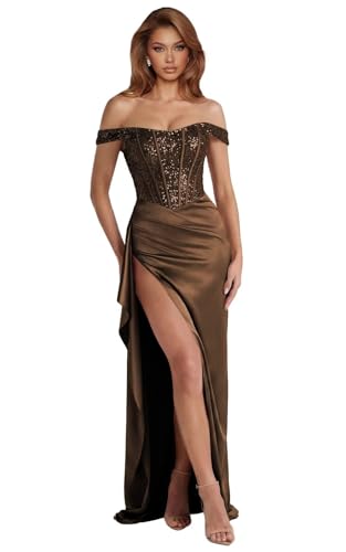 KIDSOR Off Shoulder Sparkly Sequin Prom Dresses 2026 High Slit Corset Mermaid Long Formal Evening...