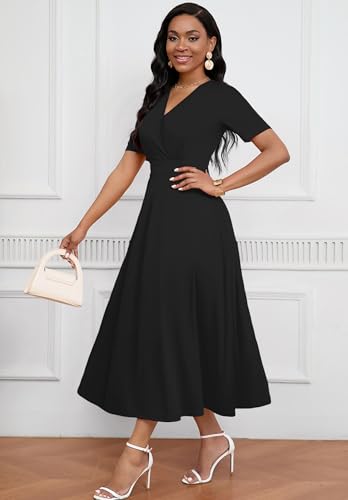 Image of MarryUP Women's Midi Dresses - V Neck Cocktail & Church Tea Dresses - Short Sleeve A-Line Swing Dress