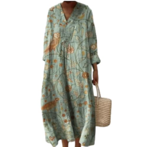 Women’s Boho Midi Dress, Light Blue Owl and Floral Print V-Neck Long Sleeve Loose Flowy Casual