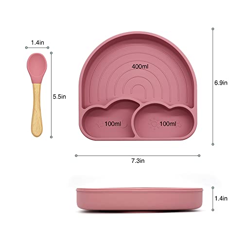 Baby Plates With Suction, Toddler Feeding Plates, Toddler Dishes 3 Divided Rainbow Design, Self-Feeding Spoon Flatware Set, Food Silicone Bpa Free, Microwave, Dishwasher Safe, Oven Safe (Dark Pink) #TOP4