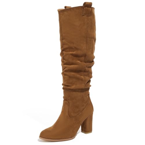 Women’s Brown Knee High Boots Round toe Mid Calf Boots for Women Chunky Heel Zipper Fashion Tall Boots