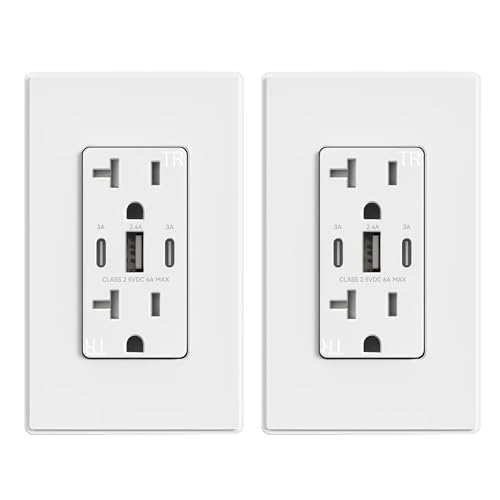 Image of ELEGRP USB Outlets, 30W 6.0 Amp USB C Outlets Receptacles, 3-Port USB Wall Outlet, 20 Amp Tamper-Resistant Outlet with 2 USB C Ports, UL Listed, Screwless Wall Plate Included, 2 Pack, Matte White
