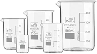 Bello Borosilicate 3.3 Glass Beaker 10 ml, 50 ml, 100 ml, 250 ml, 500 ml with Graduation Marks, Set of 5 Beakers for school collage chemistry lab laboratory