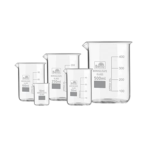 Bello Borosilicate 3.3 Glass Beaker 10 ml, 50 ml, 100 ml, 250 ml, 500 ml with Graduation Marks, Set of 5 Beakers for school collage chemistry lab laboratory