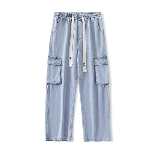 Men's Baggy Straight Leg Denim Pants Loose Vintage Cargo Jeans Waistband Wash Multi-Pocket Jeans