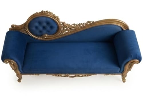 Image of Victorian Style Chaise Lounge, Tufted Cream Upholstery, Mahogany Wood Frame, Classic Living Room Furniture (Blue)