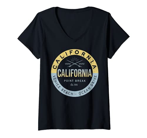 Mujer Vintage Retro Style surf Wave Ocean Venice Beach California Camiseta Cuello V