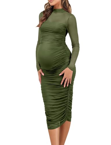Dedysler Formal Maternity Dress for Wedding Guest Baby Shower Mesh Long Sleeve Bodycon Midi Dresses for Women Mock Neck Ruched Pregnancy Photoshoot Cocktail Party Dress (amygreen L)