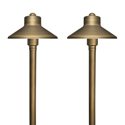 GKOLED Solid Brass Landscape Path Lights (5" Shade, 20" Tall), Low Voltage LED 3W 12-24V China Hat Path Lighting, Outdoor Waterproof Walkway Light, 2700K Warm White, with Stake and G4 Bulb, 2 Pack