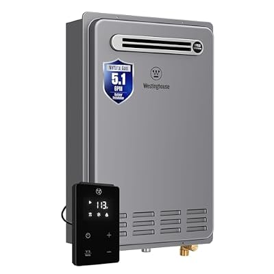 Westinghouse Natural Gas Tankless Water Heater Outdoor, 5.1 GPM 120,000 BTU on Demand Whole Home Instant Hot Water Heater, ±1°F Temp Stability, Non-Condensing for 2-4 Fixtures