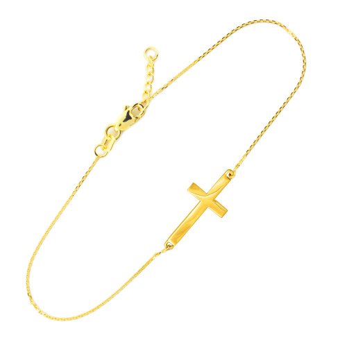 14K Yellow Gold Sideways Cross Crucifix Christian Rolo Chain Bracelet With Lobster Claw Clasp - Adjustable 7-1/2" With 1/2" Extender #TOP20