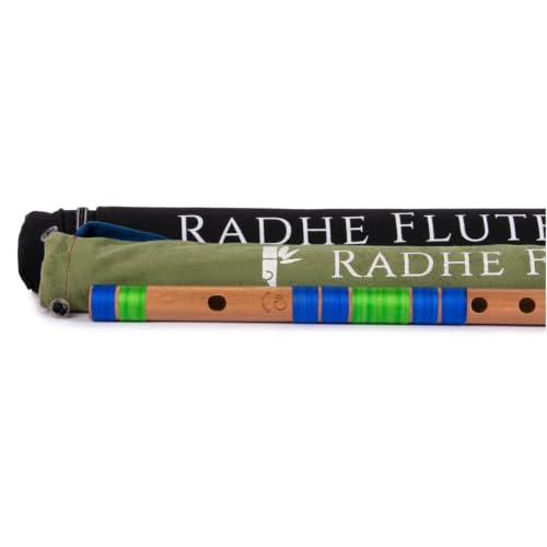 Image of Radhe Flutes Bamboo Bansuri C Sharp Right Handed Middle Octave (18 inch) With Hard Cover (Beige Flute With Blue & Green Threads)