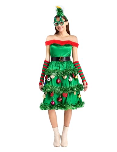 ADOMI 7 Pcs Christmas Tree Dress Costume Women Holiday Party Fun Green Outfit Xmas Tree Dress Set for Woman