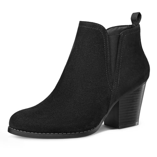 mysoft Women's Ankle Boots V Cut Side Elastic Panel Stacked Chunky Heel Booties with Side Zipper