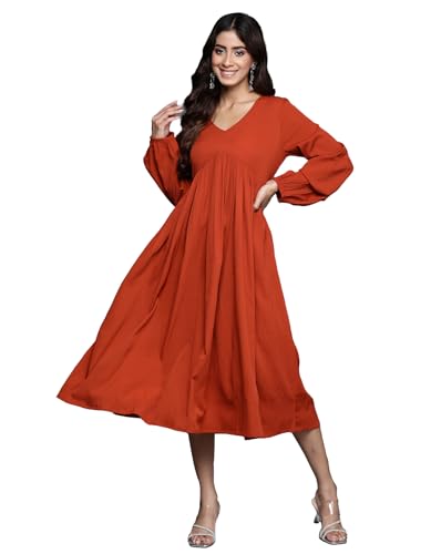 Image of Varanga Women Blue V-Neck, Bishop Sleeves, Gathered Details Calf Length A-Line Dress, Flared Hem