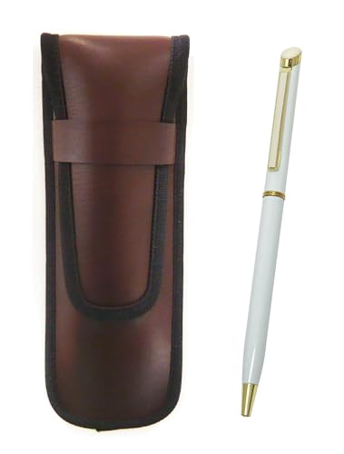 タキザワ スリム合皮ペンケース茶 エポキシ回転ボールペンセット 白 3個パック T23-KBSC-WD002-W-3