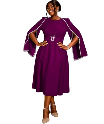 AOMEI Women Pearl Cloak Long Sleeve Crew Neck Empire Waist Belt A Line Midi Cocktail Dress