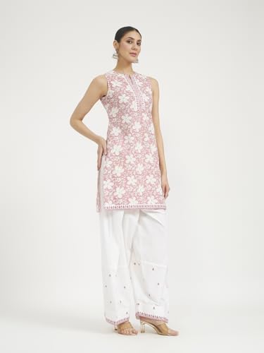 Image of FIORRA Women Light Pink Floral Printed & Embroidered Pure Cotton Straight Kurta with Farshi Salwar