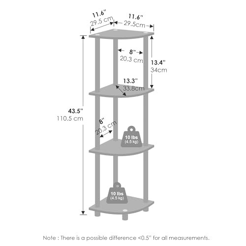 Image of Furinno Turn-N-Tube Corner Shelf, 4-Tier Corner Bookshelf, White | Display Storage Shelves with Open Shelves, for Organization and Storage, Living Room, Home Office, Garage,